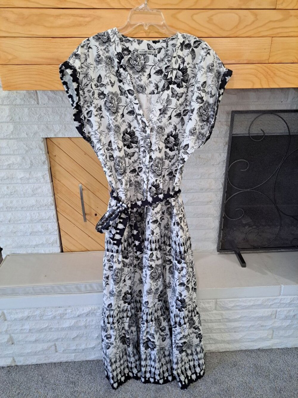 Abercrombie & Fitch Womens Floral Black White Maxi Dress Belted Waist Large Tall - Picture 3 of 14